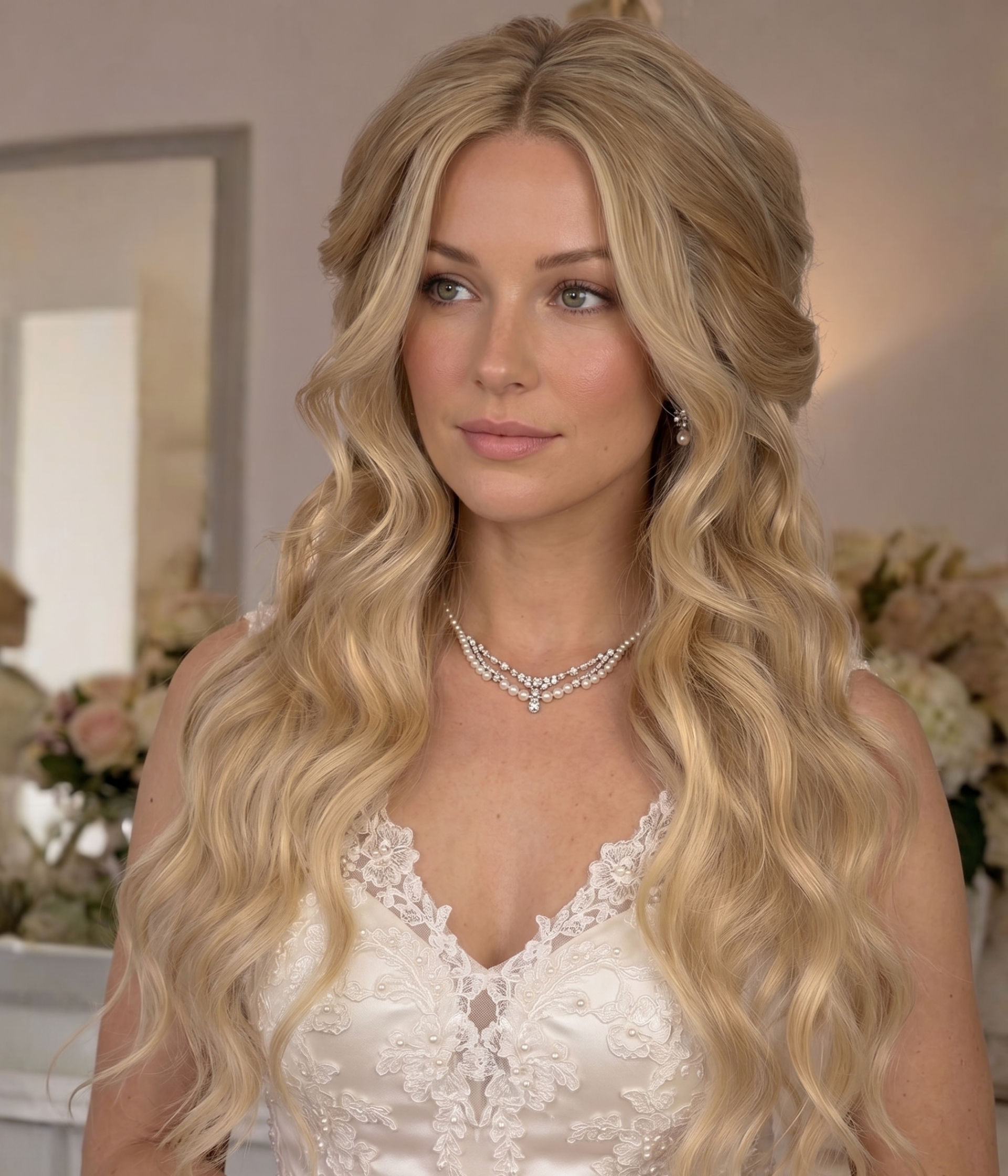 A bride styled with a boho half-up half-down look in soft waves
