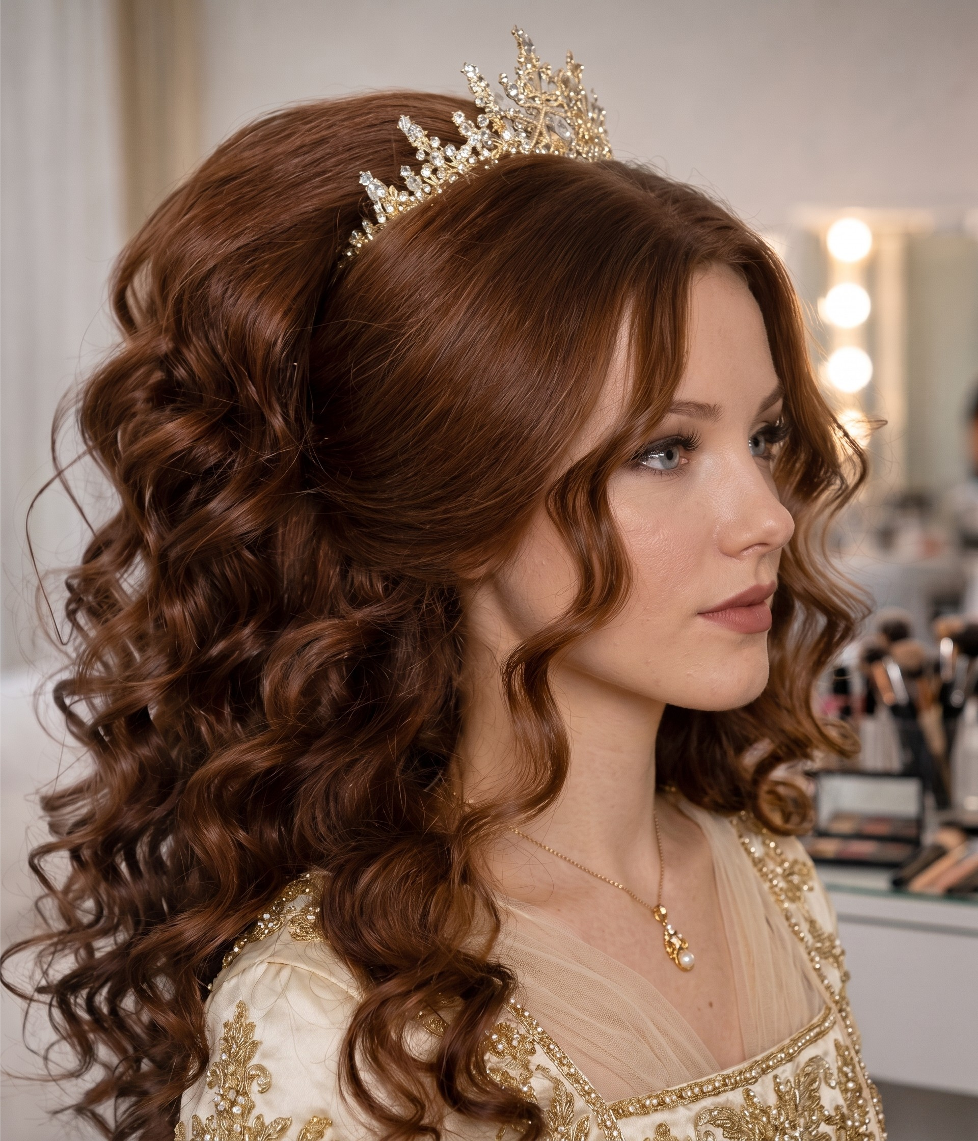 A model styled for a quinceañera with a beaded tiara and long voluminous curls